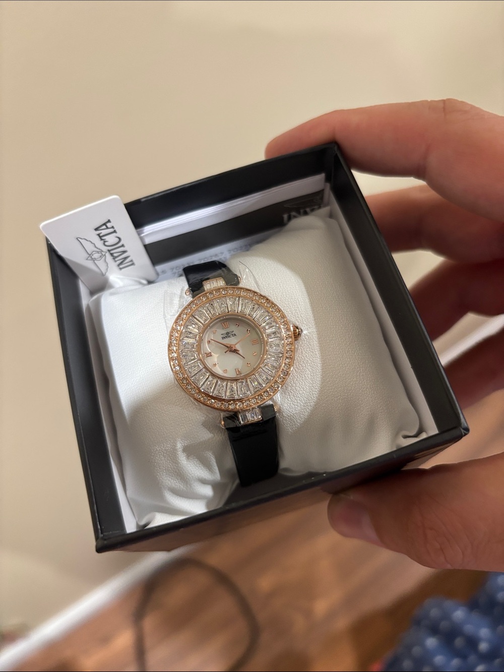 Invicta Rose Gold Crystal Bezel Watch with Black Strap